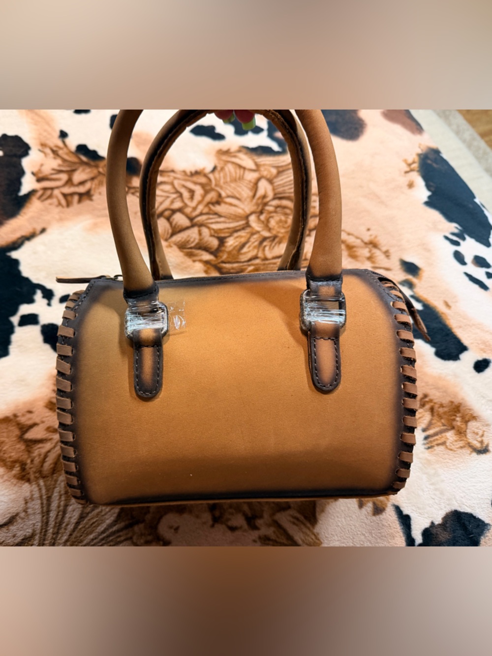 Small Suede Speedy Tote Bag with Stitched Trim